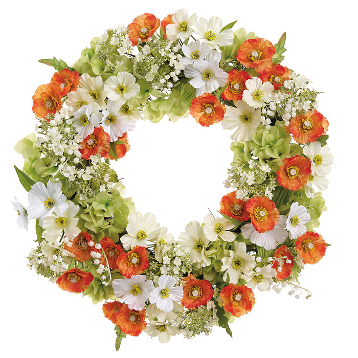 24" Poppy, Cosmos & Snowball Silk Flower Wreath -White/Orange (Pack of 2) - FWP047-WH/OR