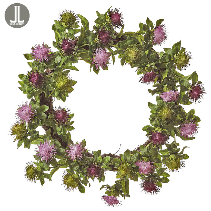 18" Pincushion Protea Silk Flower Hanging Wreath -Purple/Green (pack of 2) - FWP081-PU/GR