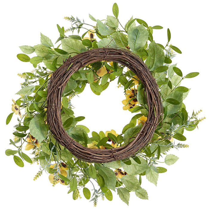 22" Pansy & Mixed Greenery Silk Flower Wreath -Yellow/Green (Pack of 2) - FWP282-YE/GR