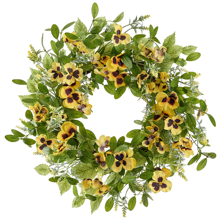 22" Pansy & Mixed Greenery Silk Flower Wreath -Yellow/Green (Pack of 2) - FWP282-YE/GR