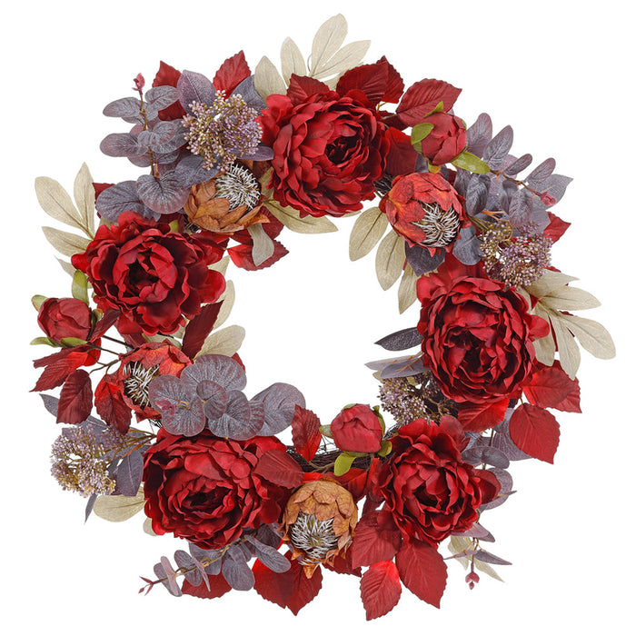 22" Peony Flower, Protea & Eucalyptus Leaf Silk Wreath -Burgundy - FWP429-BU