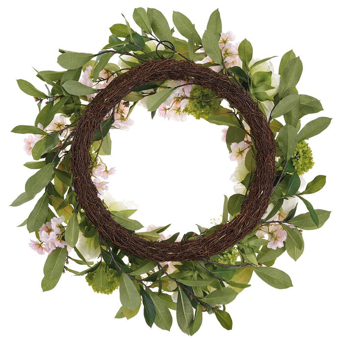 28" Peony & Cherry Blossom Silk Flower Wreath -Cream/Pink (Pack of 2) - FWP789-CR/PK