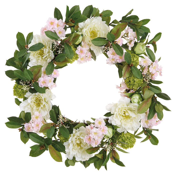 28" Peony & Cherry Blossom Silk Flower Wreath -Cream/Pink (Pack of 2) - FWP789-CR/PK