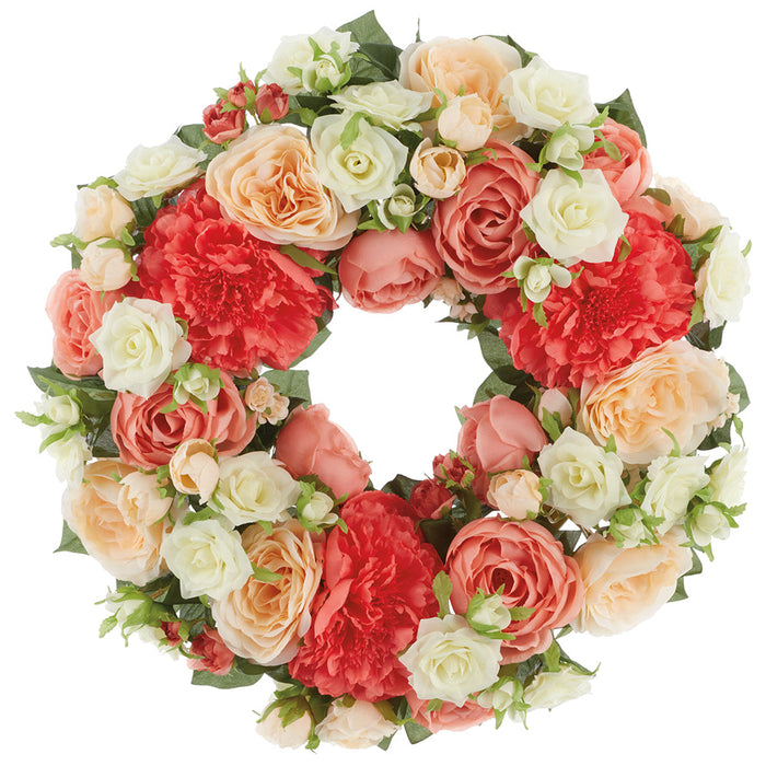17" Rose & Peony Silk Flower Wreath -Peach/Coral (Pack of 2) - FWR001-PE/CO