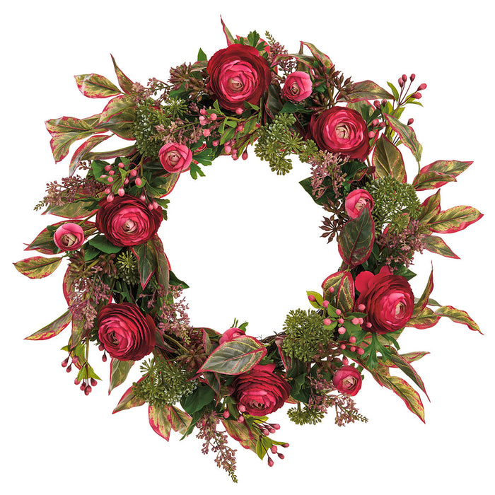 24" Ranunculus, Angelica & Pod Silk Flower Wreath -Beauty/Green (Pack of 2) - FWR544-BT/GR