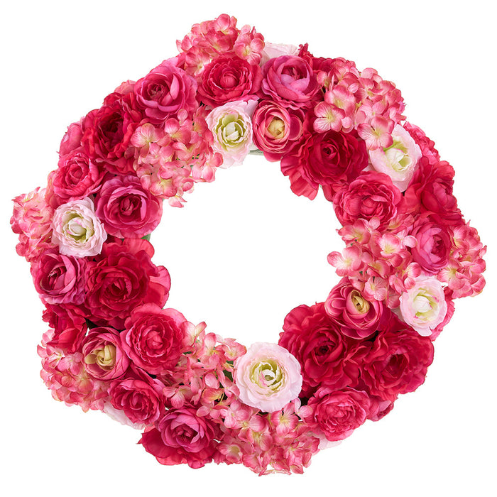 20" Ranunculus & Hydrangea Silk Flower Wreath -Beauty/Pink (Pack of 4) - FWR706-BT/PK