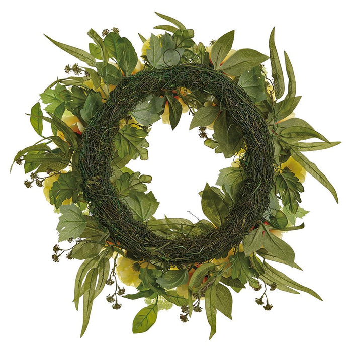 28" Cabbage Rose & Snowball Silk Flower Wreath -Yellow/Green (Pack of 2) - FWR714-YE/GR
