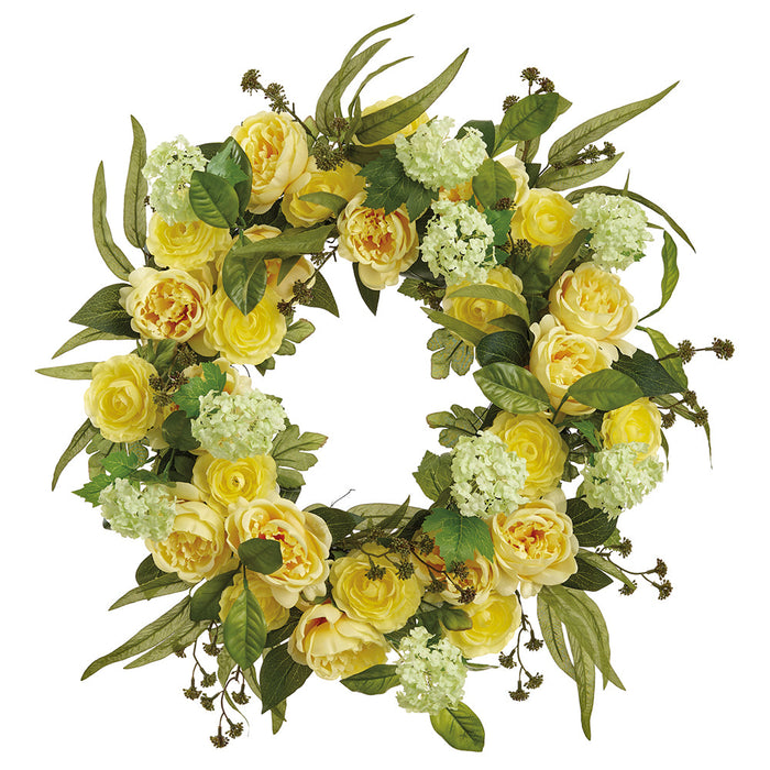 28" Cabbage Rose & Snowball Silk Flower Wreath -Yellow/Green (Pack of 2) - FWR714-YE/GR