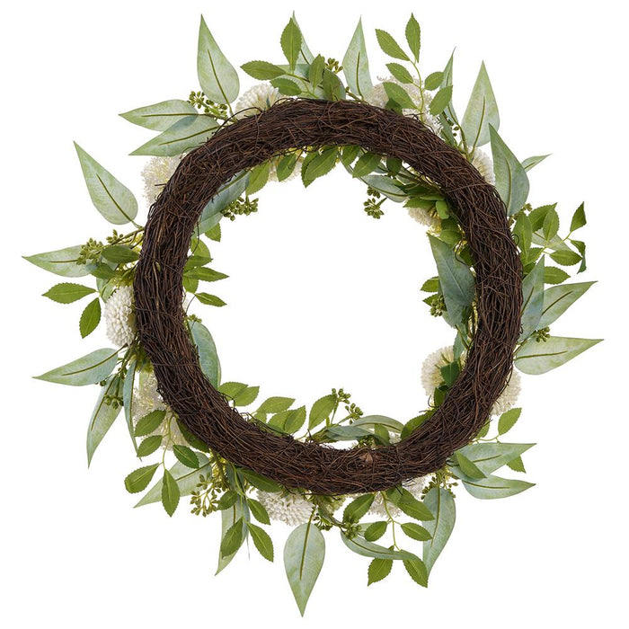 24" Snowball, Mum & Sedum Silk Flower Wreath -Cream/Green - FWS003-CR/GR