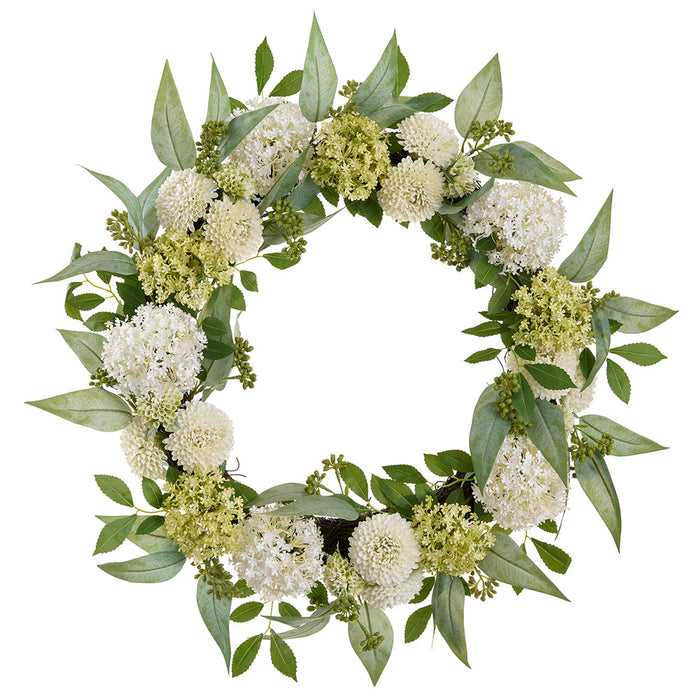 24" Snowball, Mum & Sedum Silk Flower Wreath -Cream/Green - FWS003-CR/GR