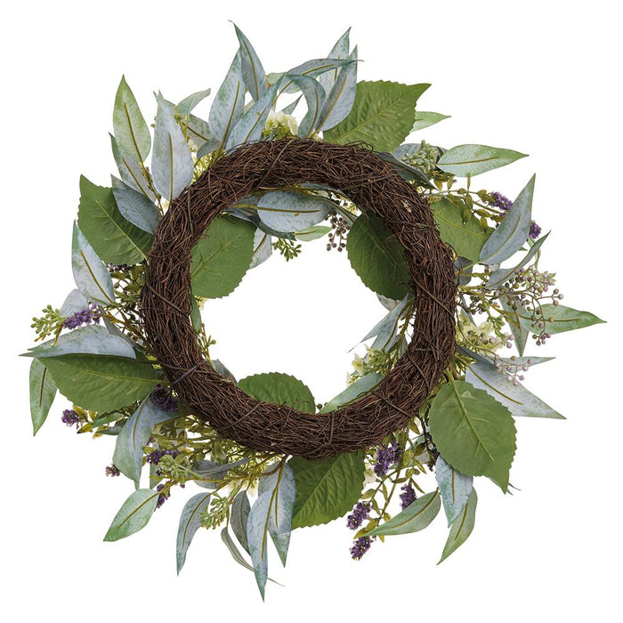 20" Snowball & Blossom Silk Flower Wreath -Green/Purple - FWS005-GR/PU