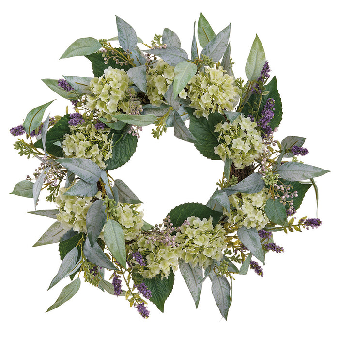 20" Snowball & Blossom Silk Flower Wreath -Green/Purple - FWS005-GR/PU
