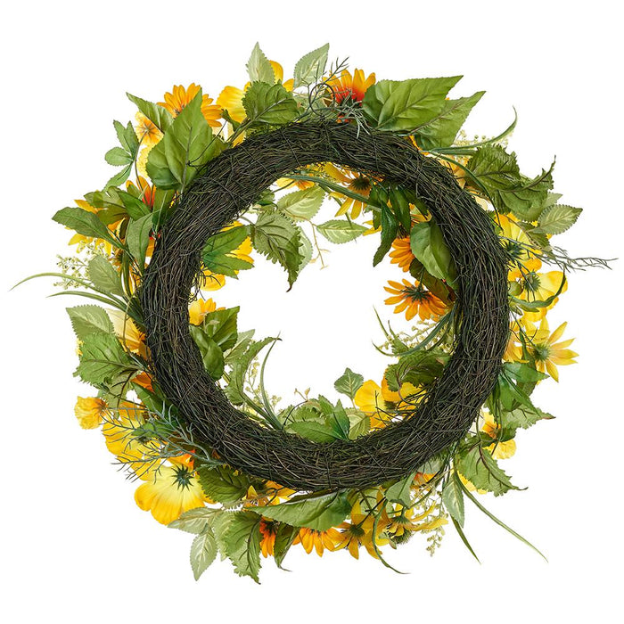 24" Sunflower, Daisy & Cosmos Silk Flower Wreath -Yellow (Pack of 2) - FWS021-YE