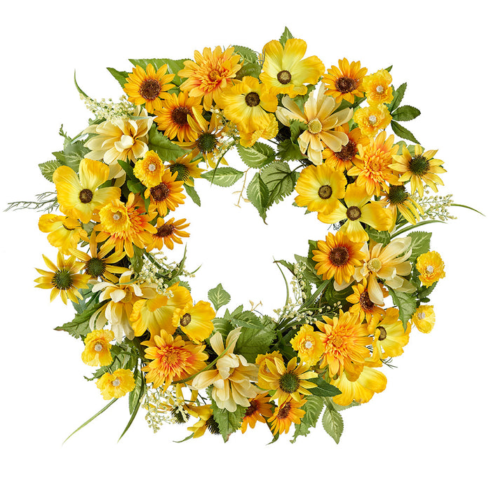 24" Sunflower, Daisy & Cosmos Silk Flower Wreath -Yellow (Pack of 2) - FWS021-YE