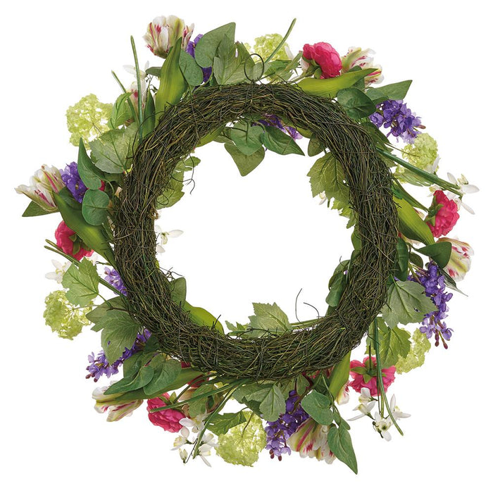 26" Snowball, Lilac & Tulip Silk Flower Wreath -Mixed Colors (Pack of 2) - FWS033-MX