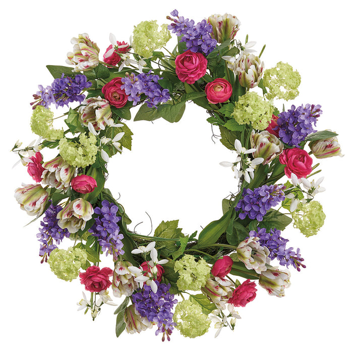 26" Snowball, Lilac & Tulip Silk Flower Wreath -Mixed Colors (Pack of 2) - FWS033-MX