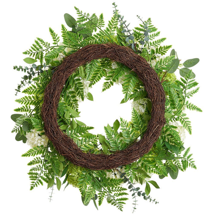26" Snowball & Fern Silk Flower Wreath -Green/Cream - FWS036-GR/CR