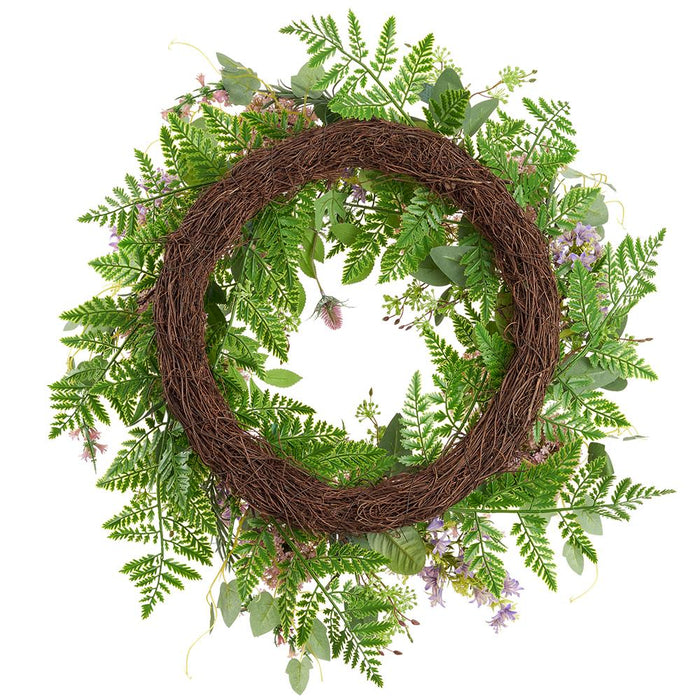28" Snowball, Thistle & Fern Silk Flower Wreath -Lavender/Green (Pack of 2) - FWS037-LV/GR