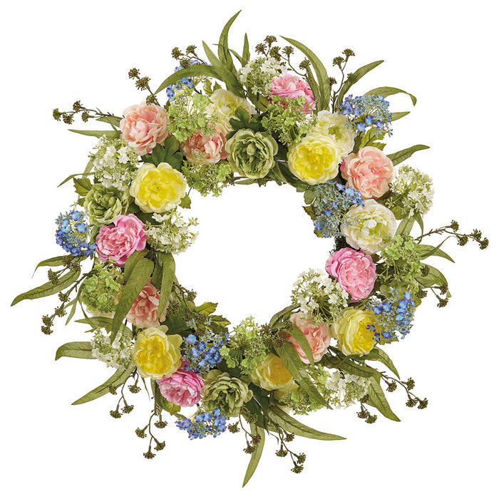 28" Snowball & Camellia Silk Flower Wreath -Mixed Colors (Pack of 2) - FWS045-MX