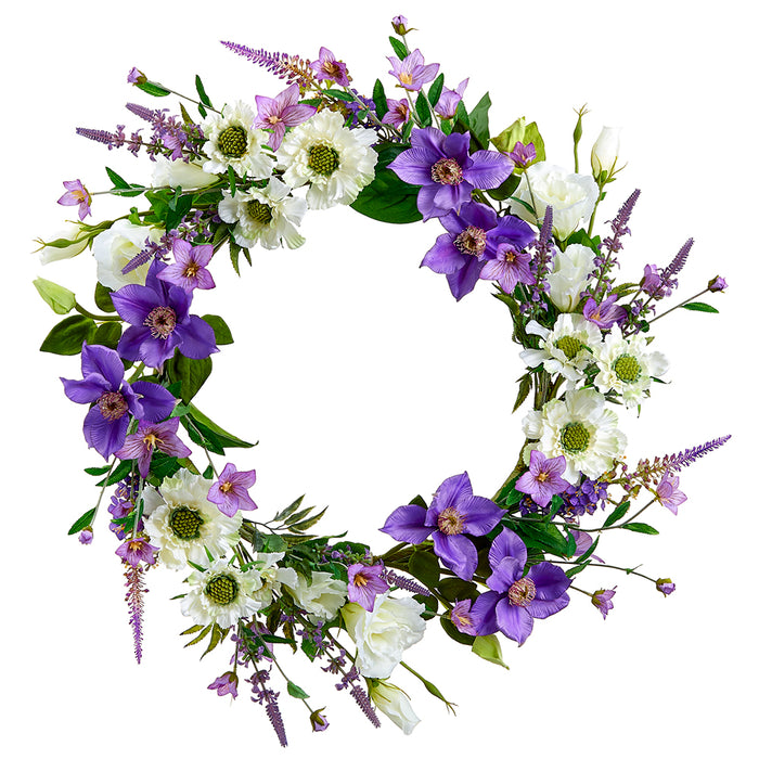 24" Scabiosa & Lisanthus Silk Flower Hanging Wreath -Lavender/Cream (pack of 2) - FWS046-LV/CR