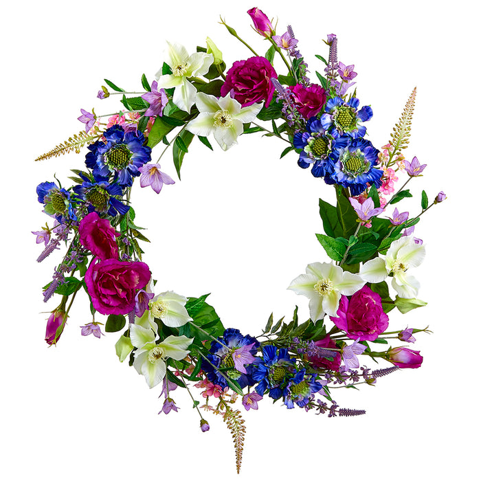 24" Scabiosa & Lisianthus Silk Flower Hanging Wreath -Orchid/Purple (pack of 2) - FWS046-OC/PU