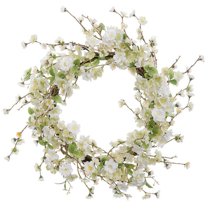 24" Cherry Blossom Silk Flower Wreath -Cream/Green (Pack of 2) - FWS055-CR/GR