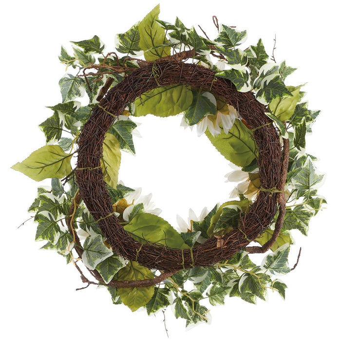 24" Sunflower & Ivy Silk Flower Wreath -White/Green - FWS065-WH/GR