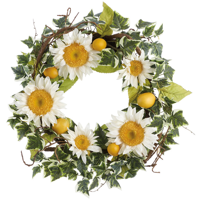 24" Sunflower & Ivy Silk Flower Wreath -White/Green - FWS065-WH/GR