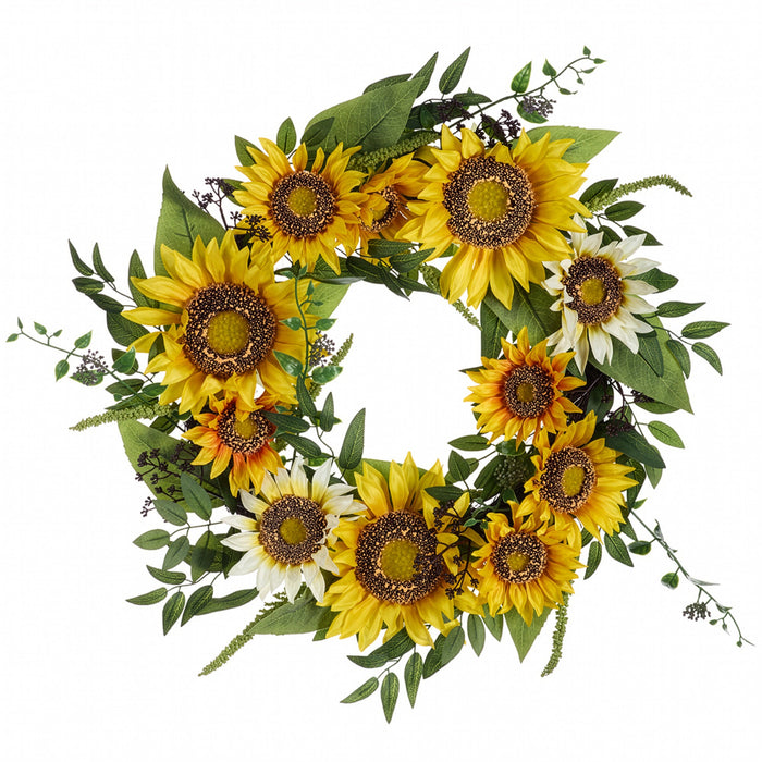 22" Sunflower Silk Flower Wreath -Yellow/Cream (Pack of 4) - FWS078-YE/CR