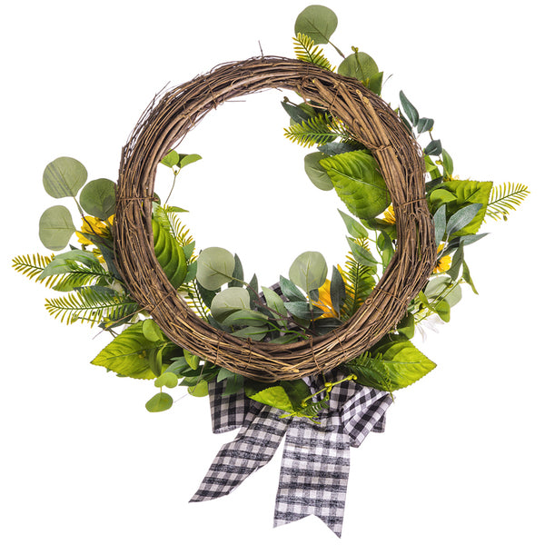 22" Silk Sunflower, Eucalyptus & Fern Hanging Wreath -Yellow/White (pack of 2) - FWS220-YE/WH