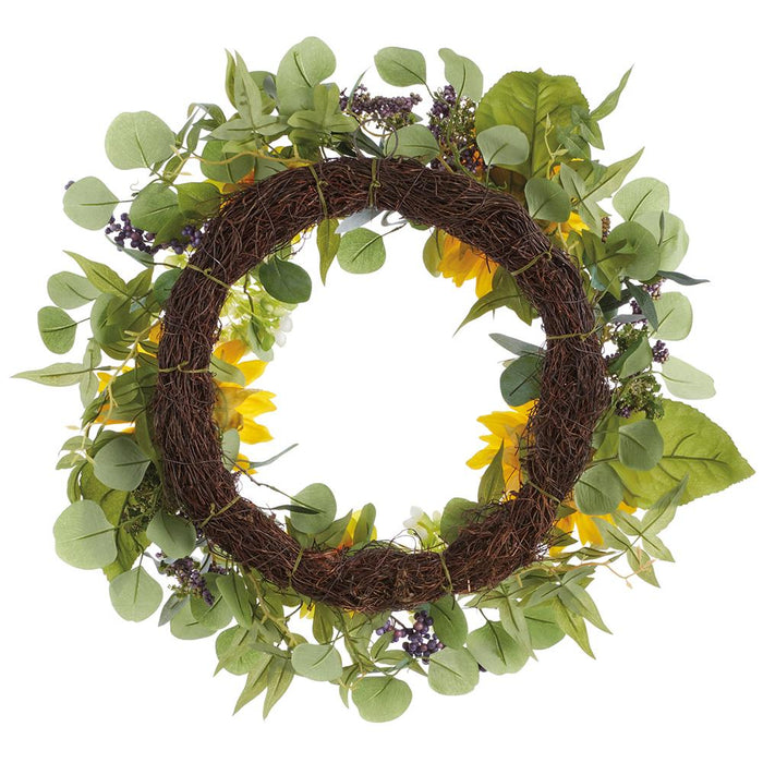24" Sunflower, Dahlia & Eucalyptus Leaf Silk Flower Wreath -Yellow/Green - FWS400-YE/GR