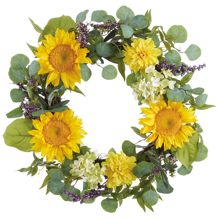 24" Sunflower, Dahlia & Eucalyptus Leaf Silk Flower Wreath -Yellow/Green - FWS400-YE/GR