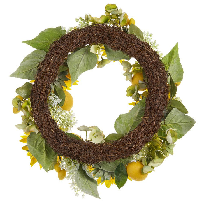 18" Sunflower, Hydrangea & Lemon Silk Flower Wreath -Yellow/Green - FWX070-YE/GR