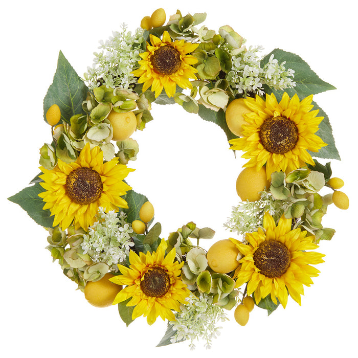 18" Sunflower, Hydrangea & Lemon Silk Flower Wreath -Yellow/Green - FWX070-YE/GR