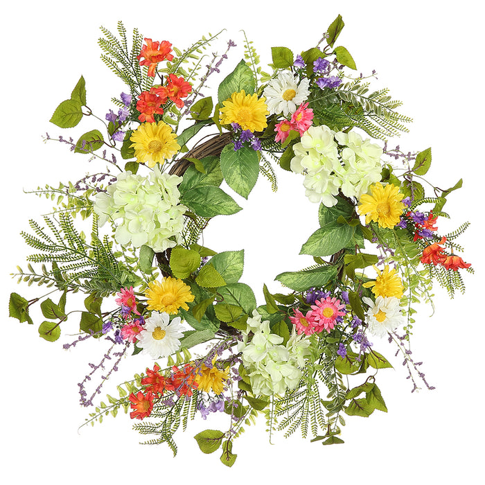 24" Hydrangea, Daisy & Fern Silk Flower Wreath -Mixed Colors (Pack of 2) - FWX090-MX