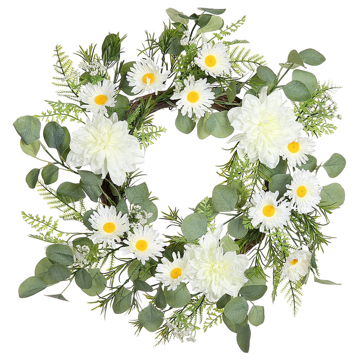 24" Hydrangea, Daisy & Fern Silk Flower Hanging Wreath -White (pack of 2) - FWX091-WH