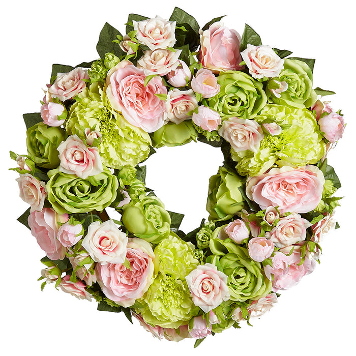 17" Silk Rose & Peony Flower Hanging Wreath -Green/Pink (pack of 2) - FWX103-GR/PK