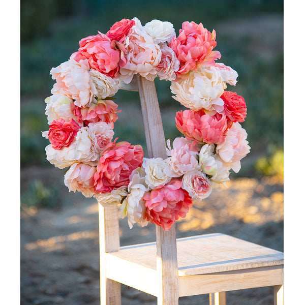 21" Peony, Ranunculus & Twig Silk Flower Hanging Wreath -Coral/Blush (pack of 2) - FWX111-CO/BS