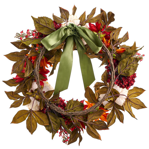 22" Silk Hydrangea, Dahlia & Peony Flower Hanging Wreath -Burgundy/Rust (pack of 2) - FWX167-BU/RU