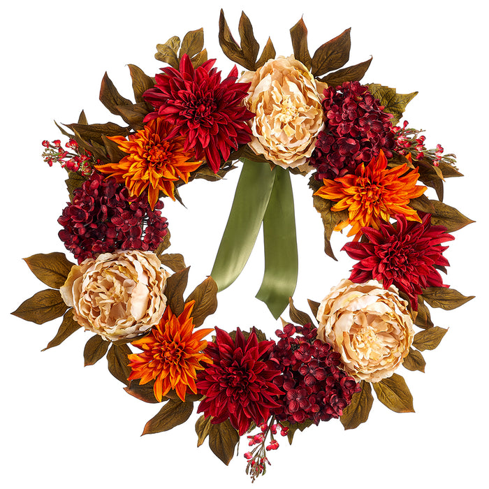 22" Silk Hydrangea, Dahlia & Peony Flower Hanging Wreath -Burgundy/Rust (pack of 2) - FWX167-BU/RU