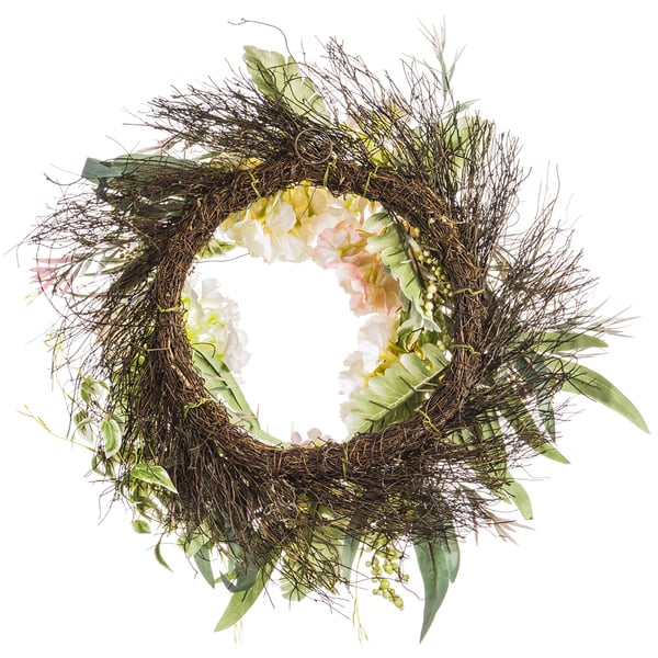 24" Silk Hydrangea, Eucalyptus & Berry Hanging Wreath -Cream/Pink - FWX393-CR/PK