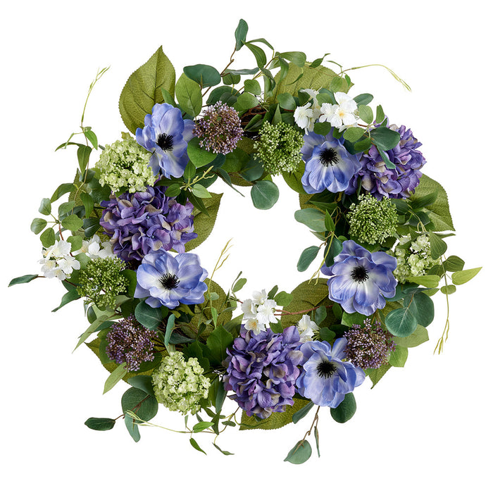 22" Hydrangea, Anemone & Snowball Silk Flower Wreath -Purple/Green (Pack of 2) - FWX419-PU/GR