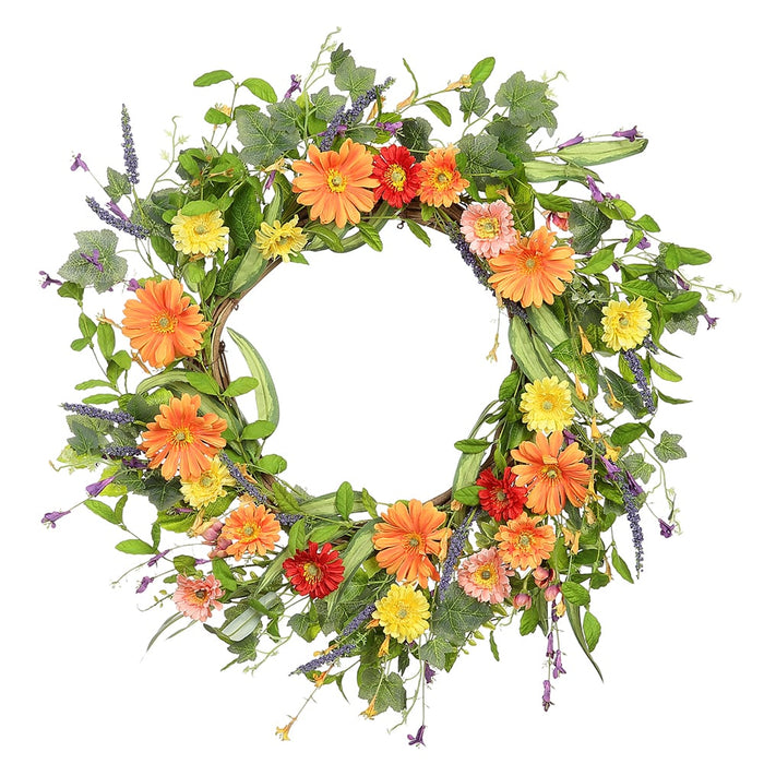 24" Daisy, Lavender & Blossom Silk Flower Hanging Wreath -Orange/Assorted (pack of 2) - FWX625-OR/MX