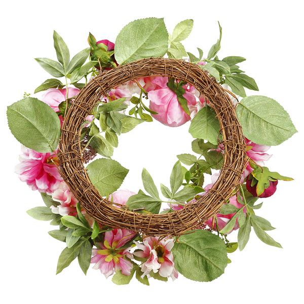 26" Mixed Silk Peony & Dahlia Flower With Twig Hanging Wreath -Pink/Burgundy (pack of 2) - FWX952-PK/BU