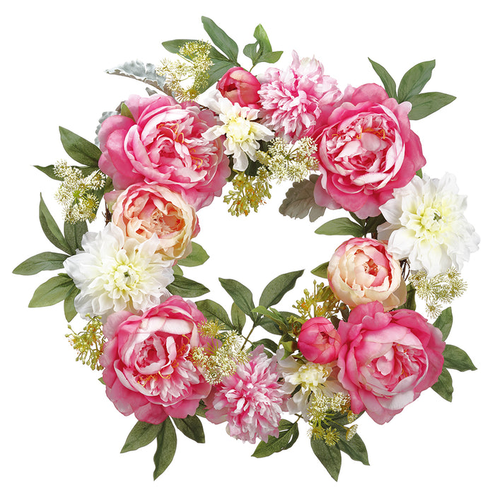 26" Mixed Silk Peony & Dahlia Flower With Twig Hanging Wreath -Pink/Cream (pack of 2) - FWX953-PK/CR