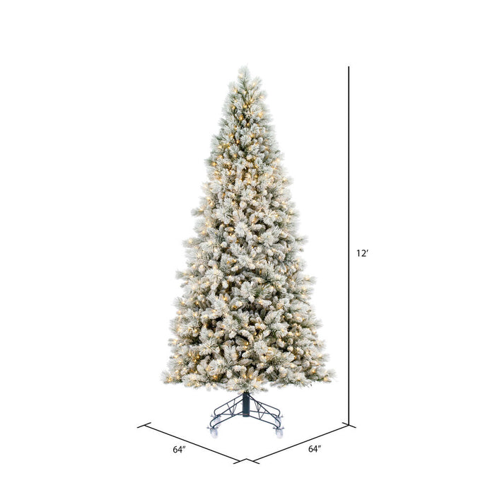 12'Hx64"W Flocked Jackson Pine Artificial Christmas Tree, LED Pre-Lit -White - G225591LED