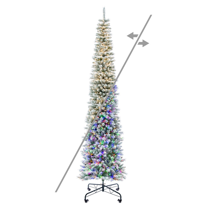 10'Hx33"W Pencil Flocked Crest Pine Artificial Christmas Tree, Micro LED Pre-Lit (Multi-Mode) -White/Green - G256388LEDCC