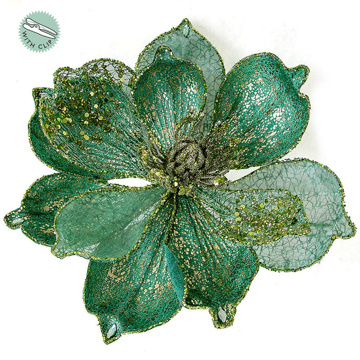 9" Silk Magnolia Clip-On Flower -Teal (pack of 12) - J-200100