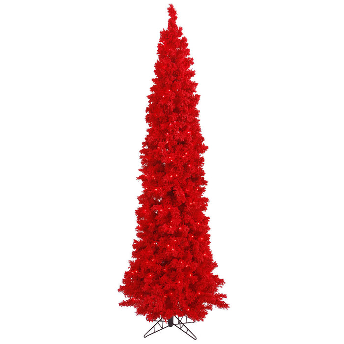 9'Hx43"W Flocked Pencil Fir Artificial Christmas Tree, LED Pre-Lit (Red) -Red - K168081LED