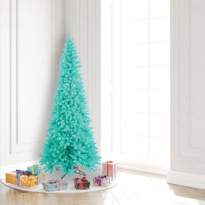 6'6"Hx34"W Slim Fir Artificial Christmas Tree, LED Pre-Lit (Aqua) -Aqua - K160866LED